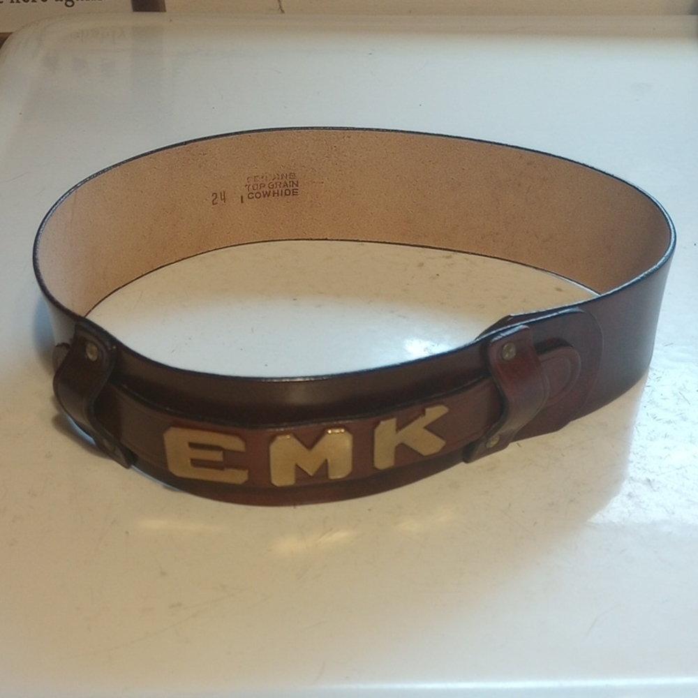 NEW Monogrammed Brown Leather Belt, Gold Metal Letters. Initials EMK